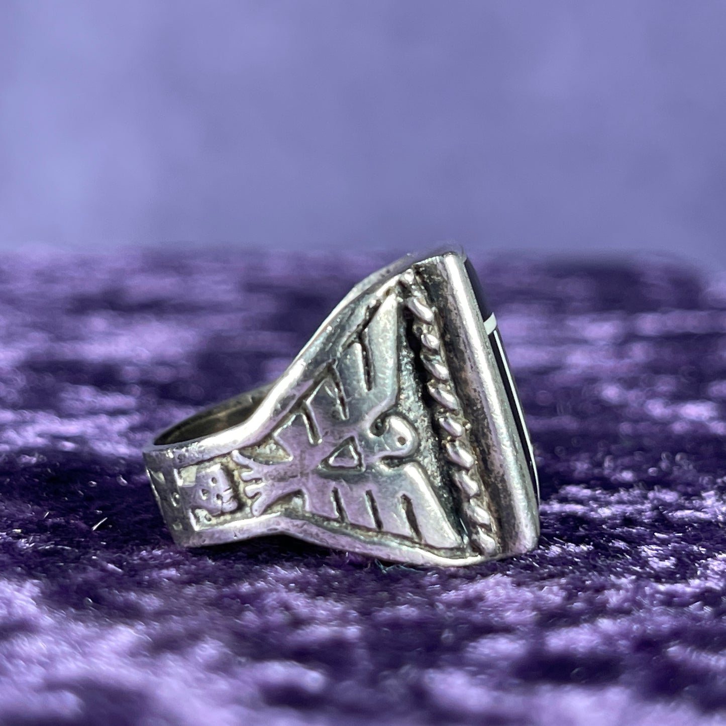 Vintage Fred Harvey Era Jet Mother of Pearl Shell Thunderbird & Kachina Navajo 925 Silver Size U / 10