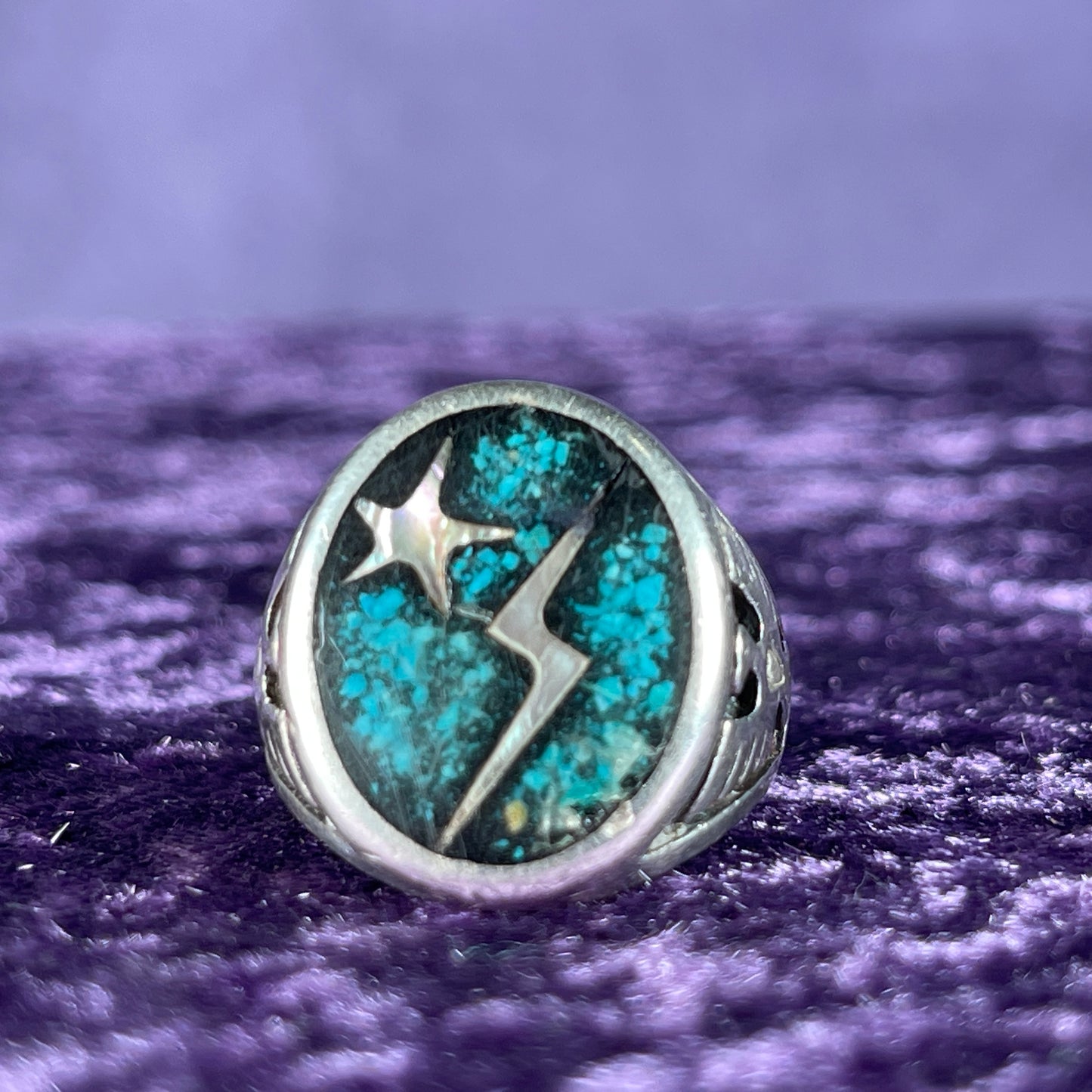 Vintage Thunderbird Lightning Star Turquoise Navajo 925 Silver Size W / 11