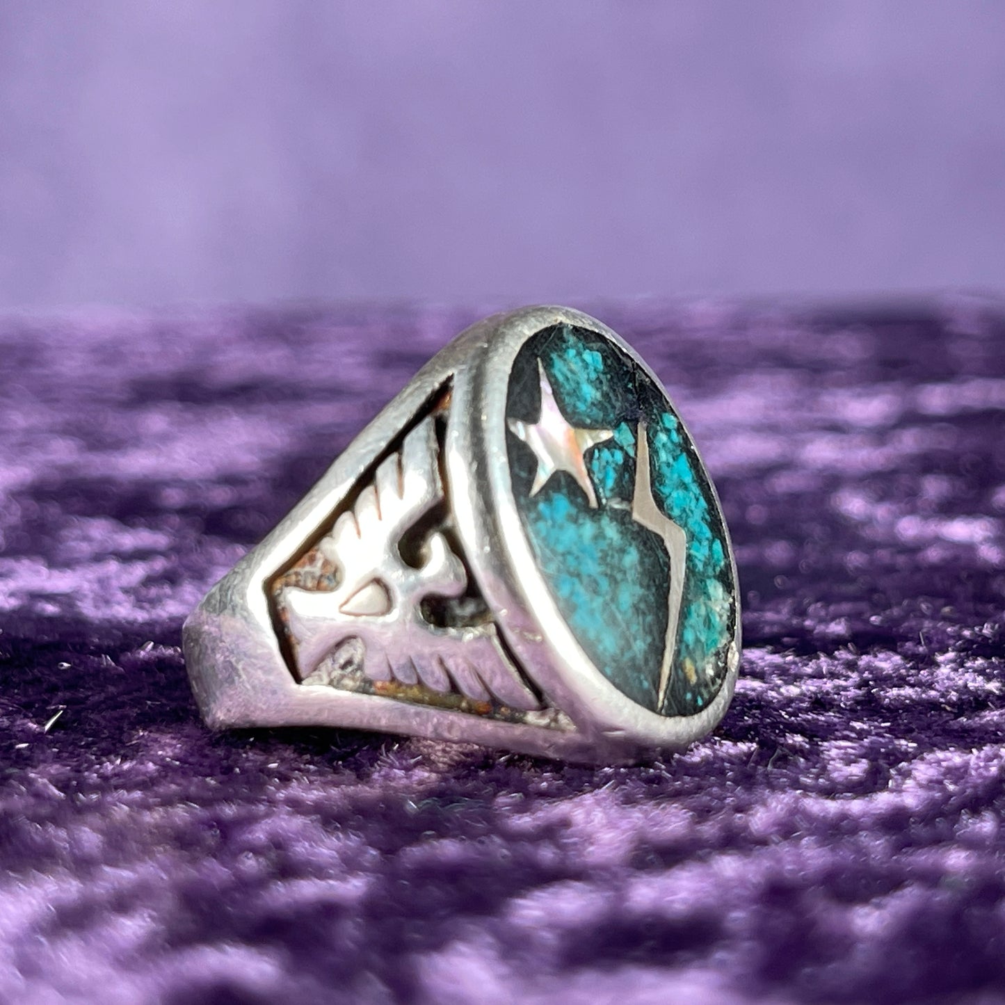 Vintage Thunderbird Lightning Star Turquoise Navajo 925 Silver Size W / 11