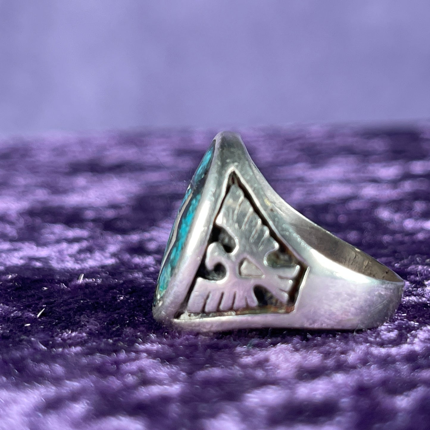 Vintage Thunderbird Lightning Star Turquoise Navajo 925 Silver Size W / 11