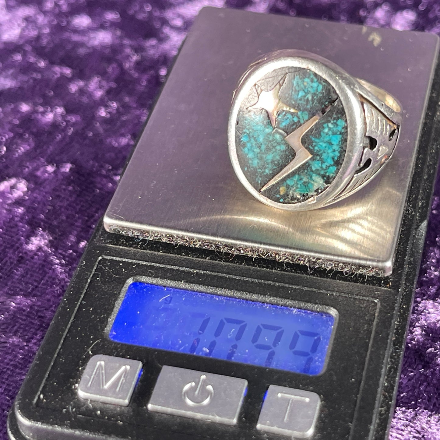 Vintage Thunderbird Lightning Star Turquoise Navajo 925 Silver Size W / 11