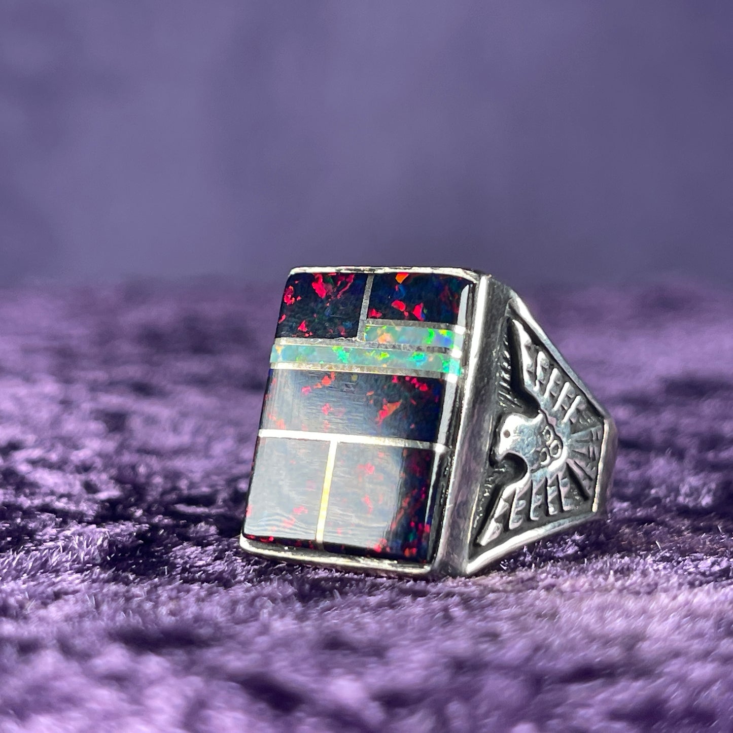Native American Contemporary Navajo Fire Opal Thunderbird Navajo 925 Silver Size V / 10.5 