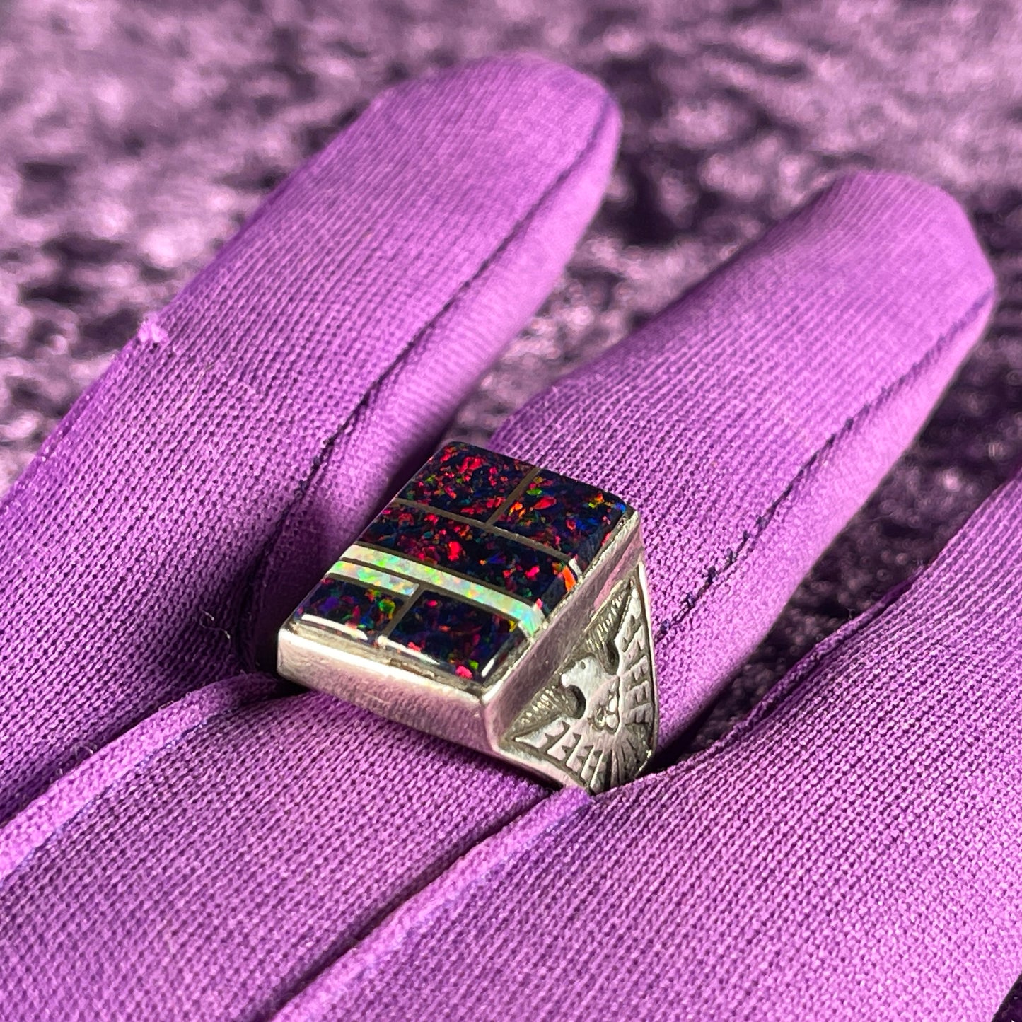 Native American Contemporary Navajo Fire Opal Thunderbird Navajo 925 Silver Size V / 10.5 