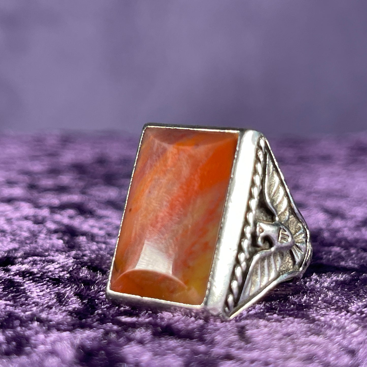 Vintage Native American Petrified Wood Thunderbird & Kachina Navajo 925 Silver Size S.5 / 9.5