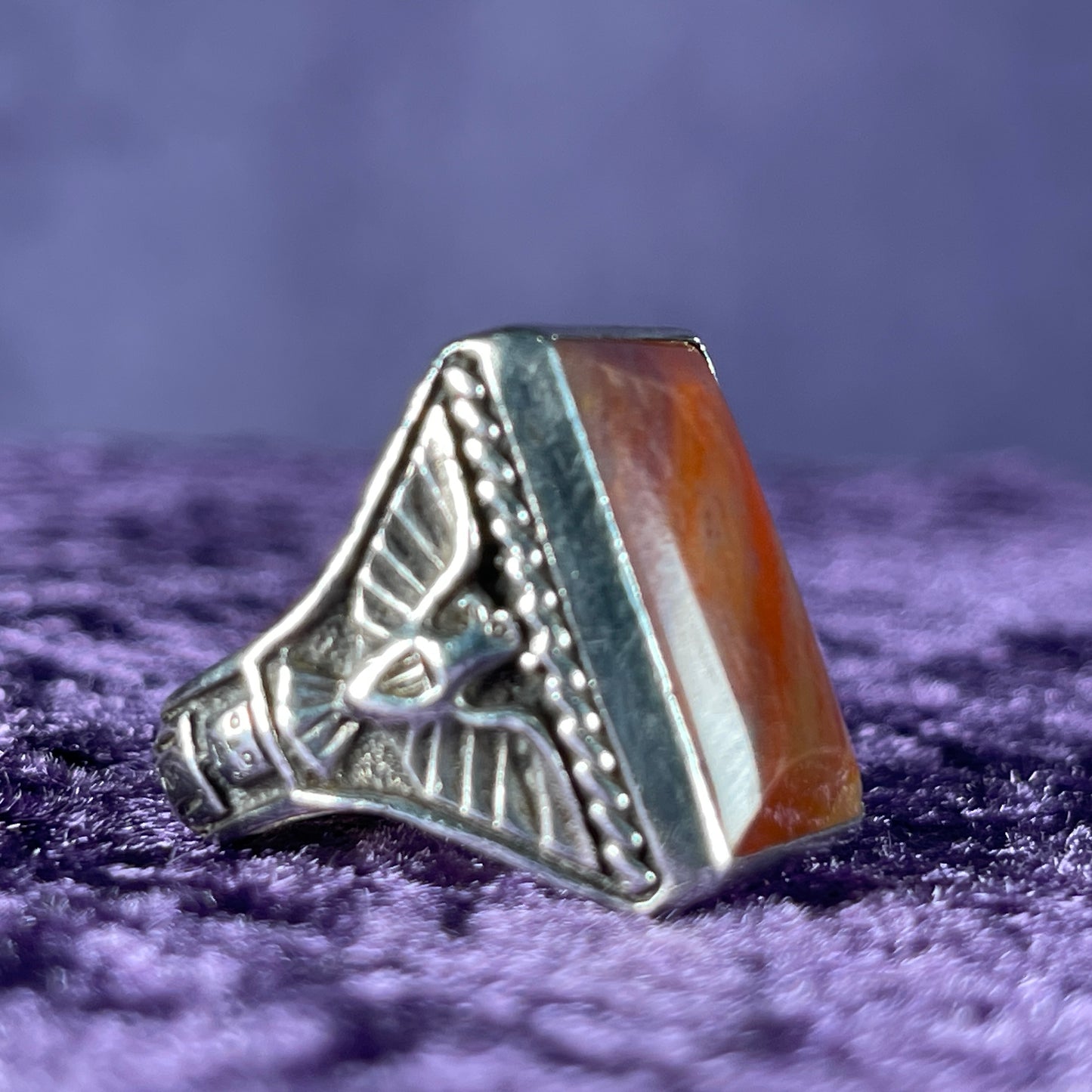 Vintage Native American Petrified Wood Thunderbird & Kachina Navajo 925 Silver Size S.5 / 9.5