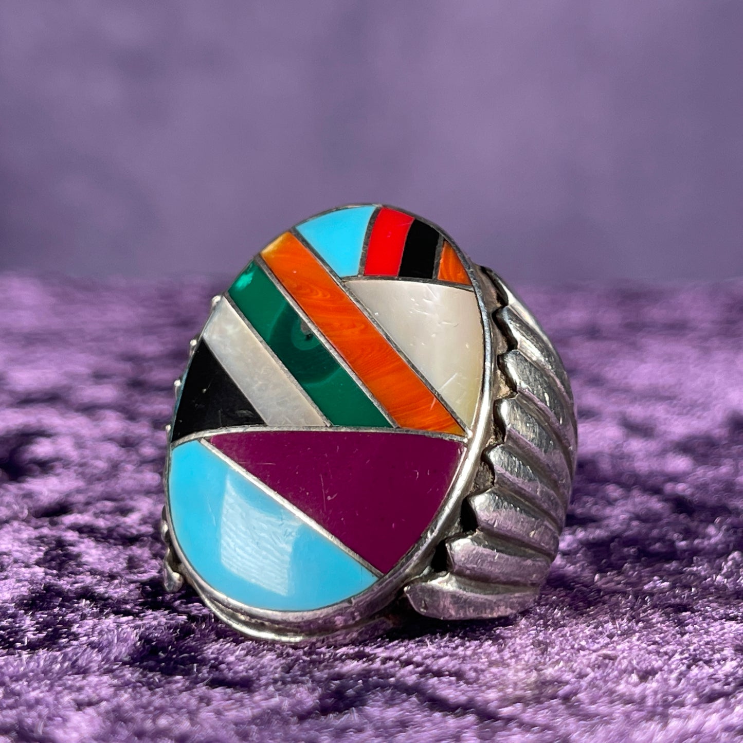 Vintage Chunky Large Zuni Navajo Multistone Mens Solid Sterling Silver Ring Size W / 11 