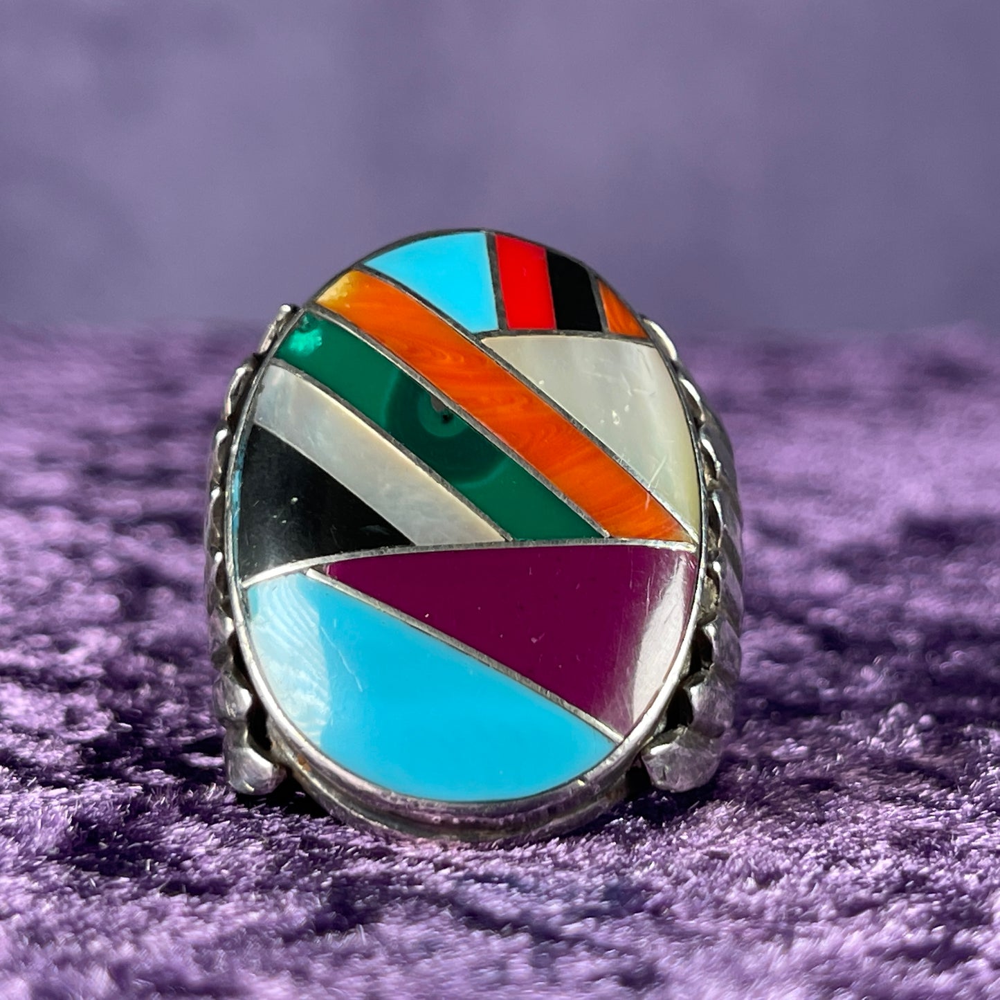 Vintage Chunky Large Zuni Navajo Multistone Mens Solid Sterling Silver Ring Size W / 11 