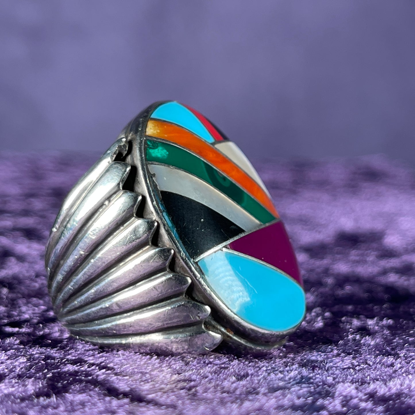 Vintage Chunky Large Zuni Navajo Multistone Mens Solid Sterling Silver Ring Size W / 11 