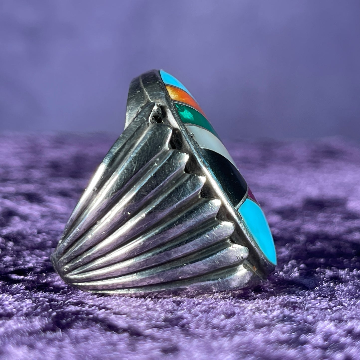 Vintage Chunky Large Zuni Navajo Multistone Mens Solid Sterling Silver Ring Size W / 11 