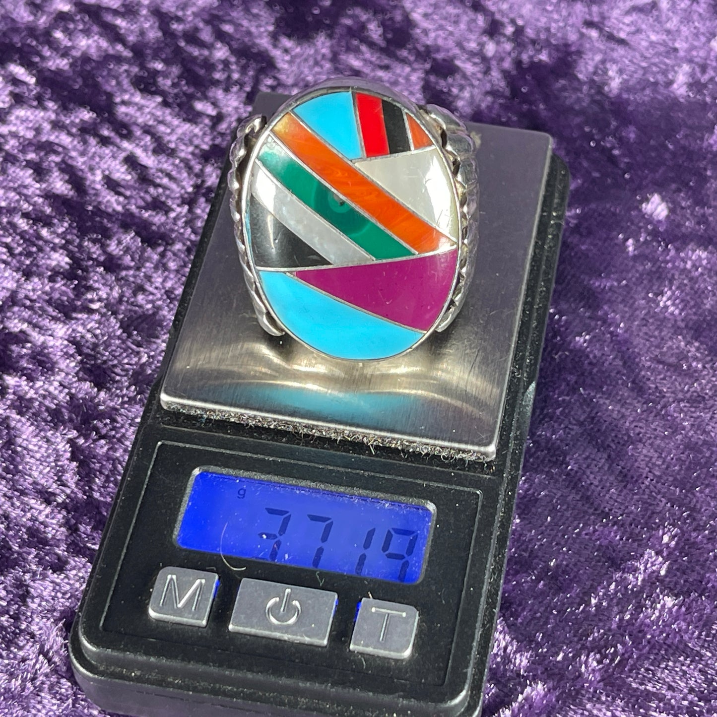 Vintage Chunky Large Zuni Navajo Multistone Mens Solid Sterling Silver Ring Size W / 11 