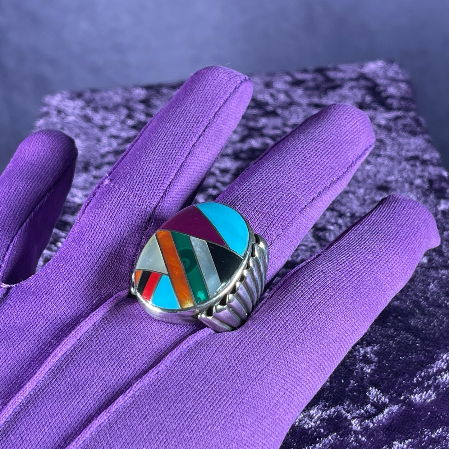 Vintage Chunky Large Zuni Navajo Multistone Mens Solid Sterling Silver Ring Size W / 11 