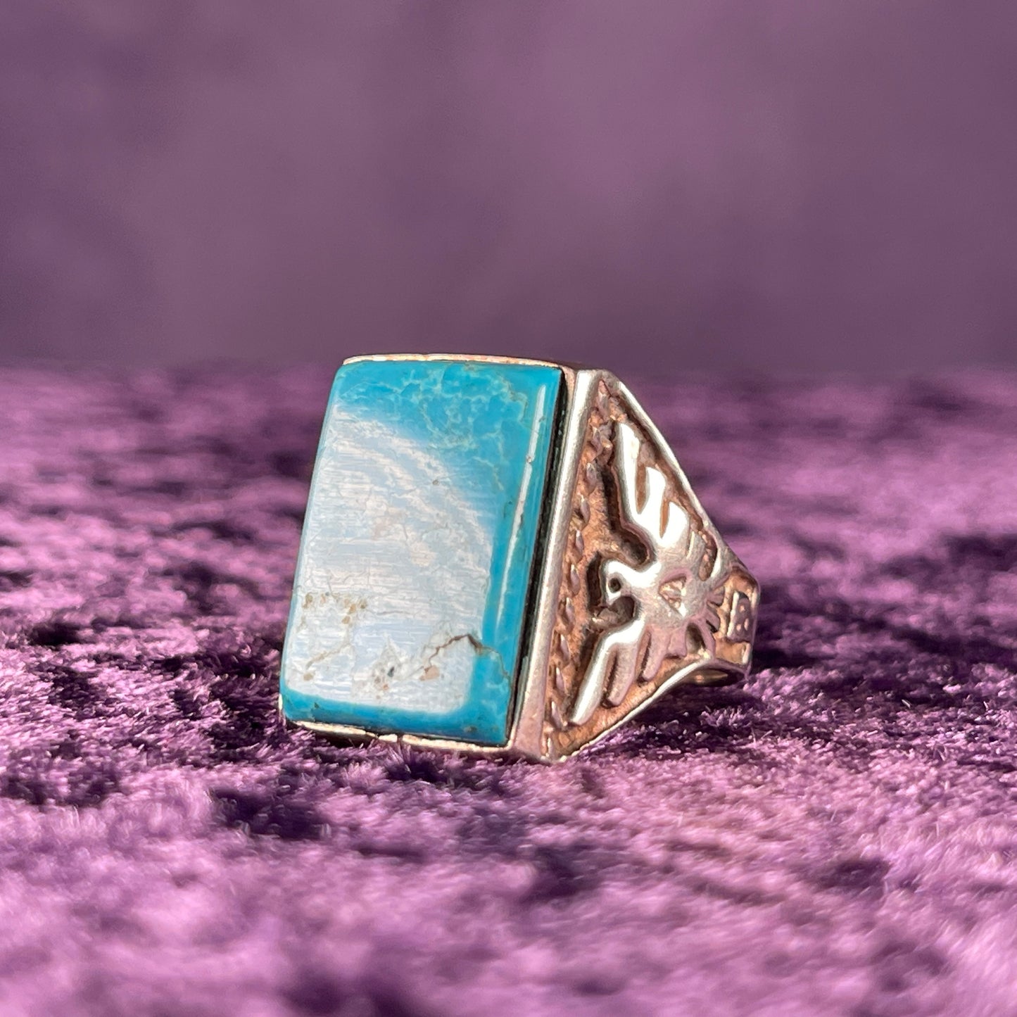 Vintage Native American Turquoise Thunderbird Navajo 925 Silver Size X / 10.5