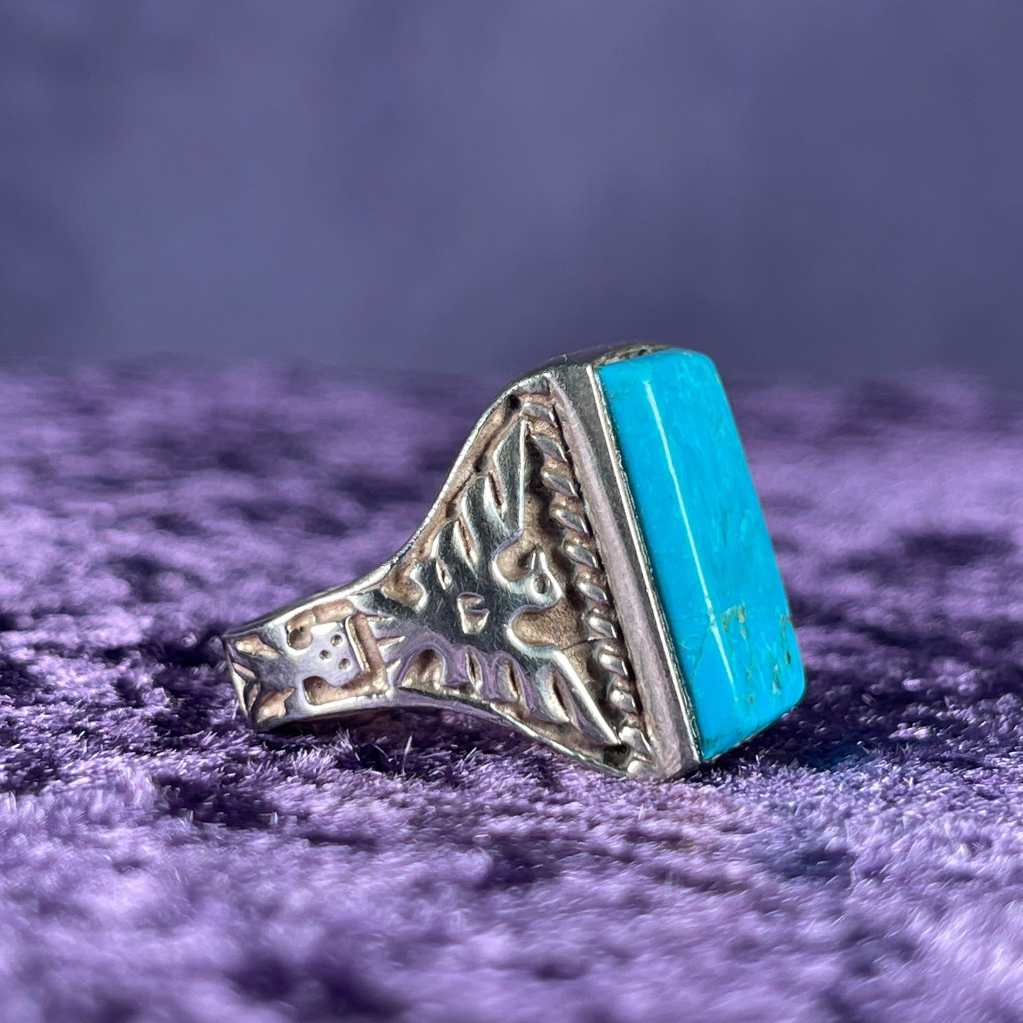 Vintage Native American Turquoise Thunderbird Navajo 925 Silver Size X / 10.5