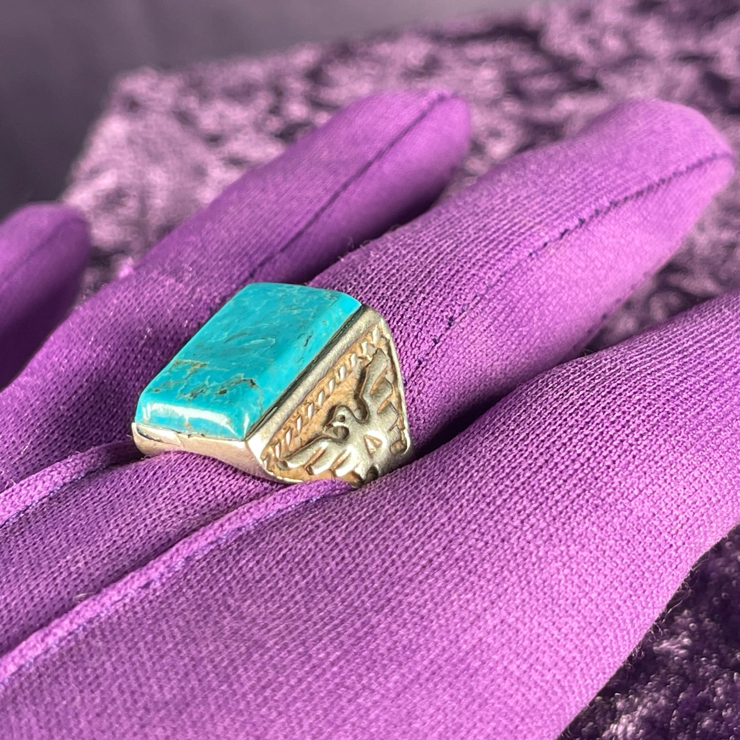 Vintage Native American Turquoise Thunderbird Navajo 925 Silver Size X / 10.5