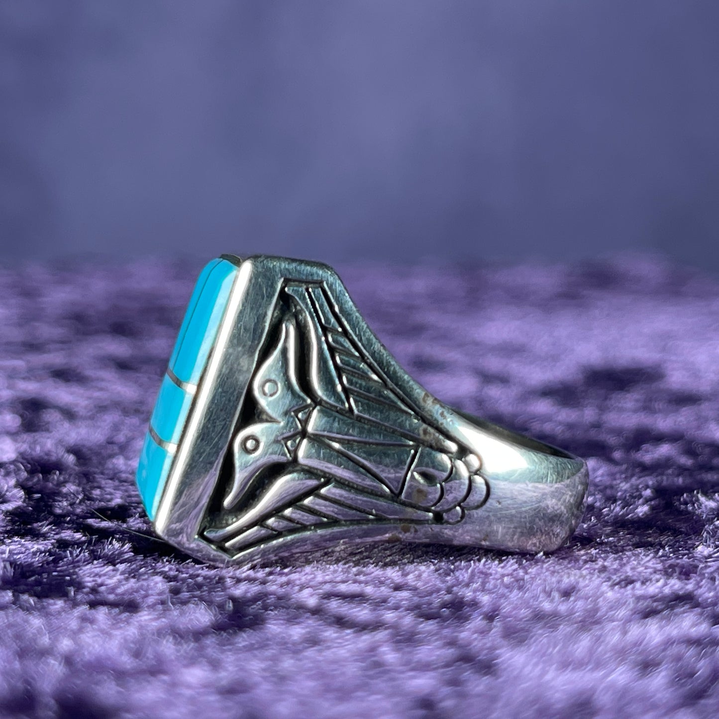Native American Contemporary Navajo Multistone Turquoise Thunderbird 925 Silver Ring Size W / 11 