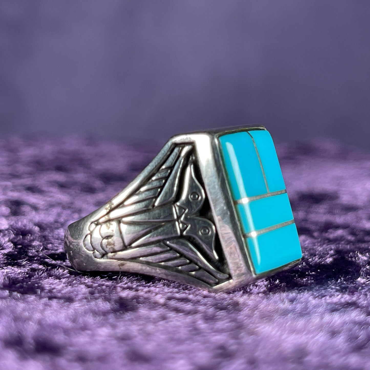 Native American Contemporary Navajo Multistone Turquoise Thunderbird 925 Silver Ring Size W / 11 