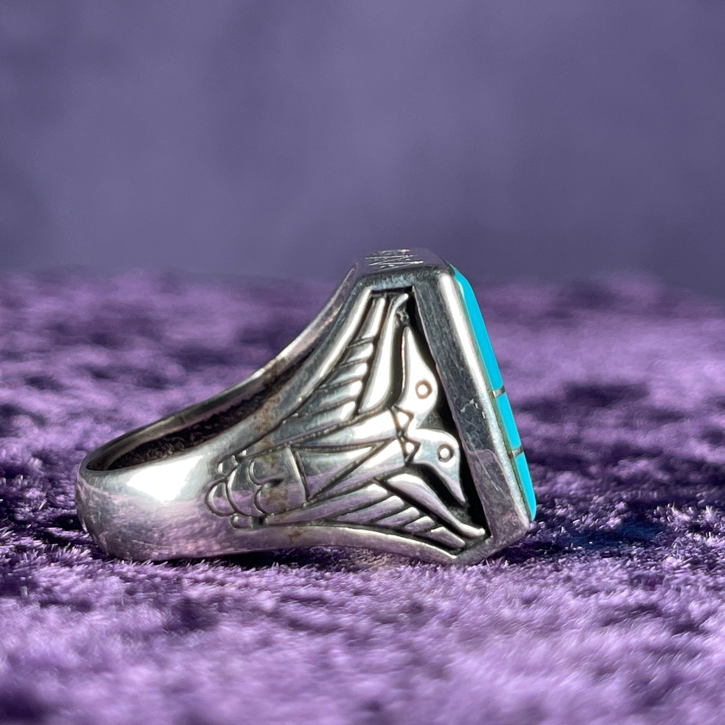 Native American Contemporary Navajo Multistone Turquoise Thunderbird 925 Silver Ring Size W / 11 