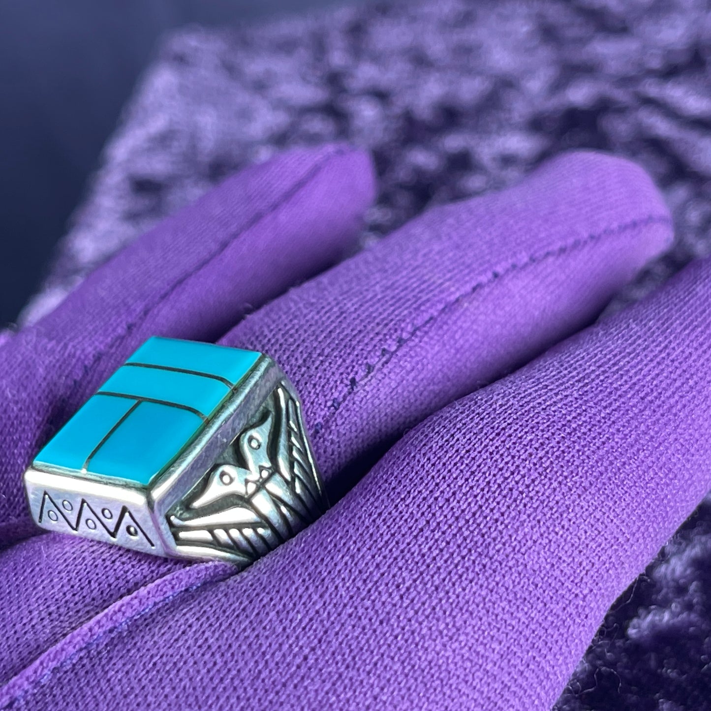 Native American Contemporary Navajo Multistone Turquoise Thunderbird 925 Silver Ring Size W / 11 