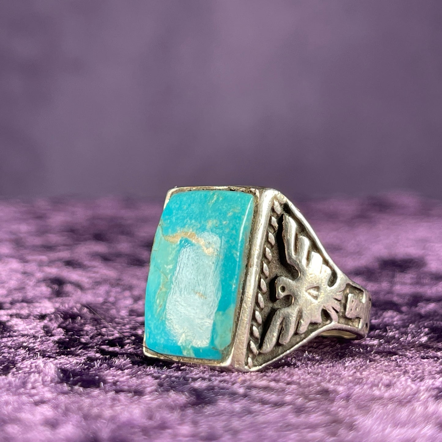 Vintage Native American Striated Turquoise Thunderbird & Kachina Navajo 925 Silver Ring Size X.5 / 11.75