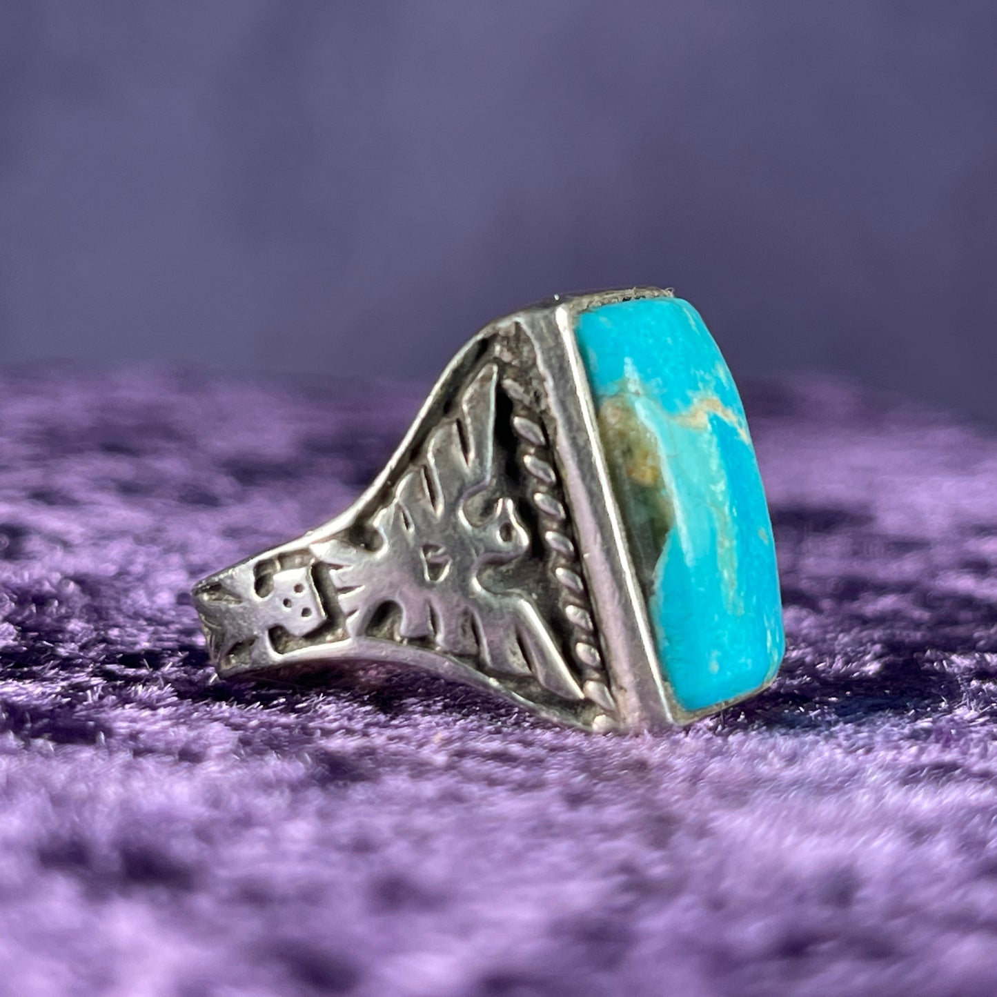 Vintage Native American Striated Turquoise Thunderbird & Kachina Navajo 925 Silver Ring Size X.5 / 11.75