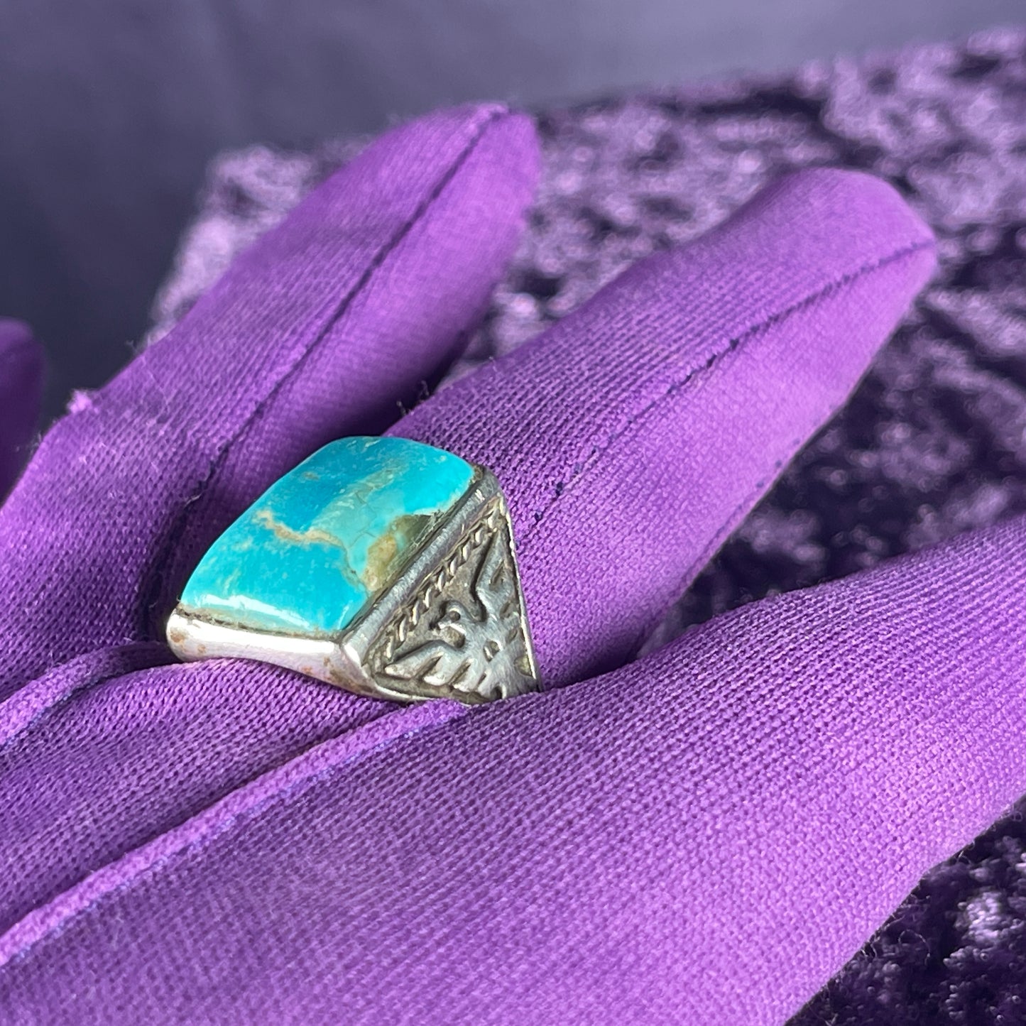 Vintage Native American Striated Turquoise Thunderbird & Kachina Navajo 925 Silver Ring Size X.5 / 11.75