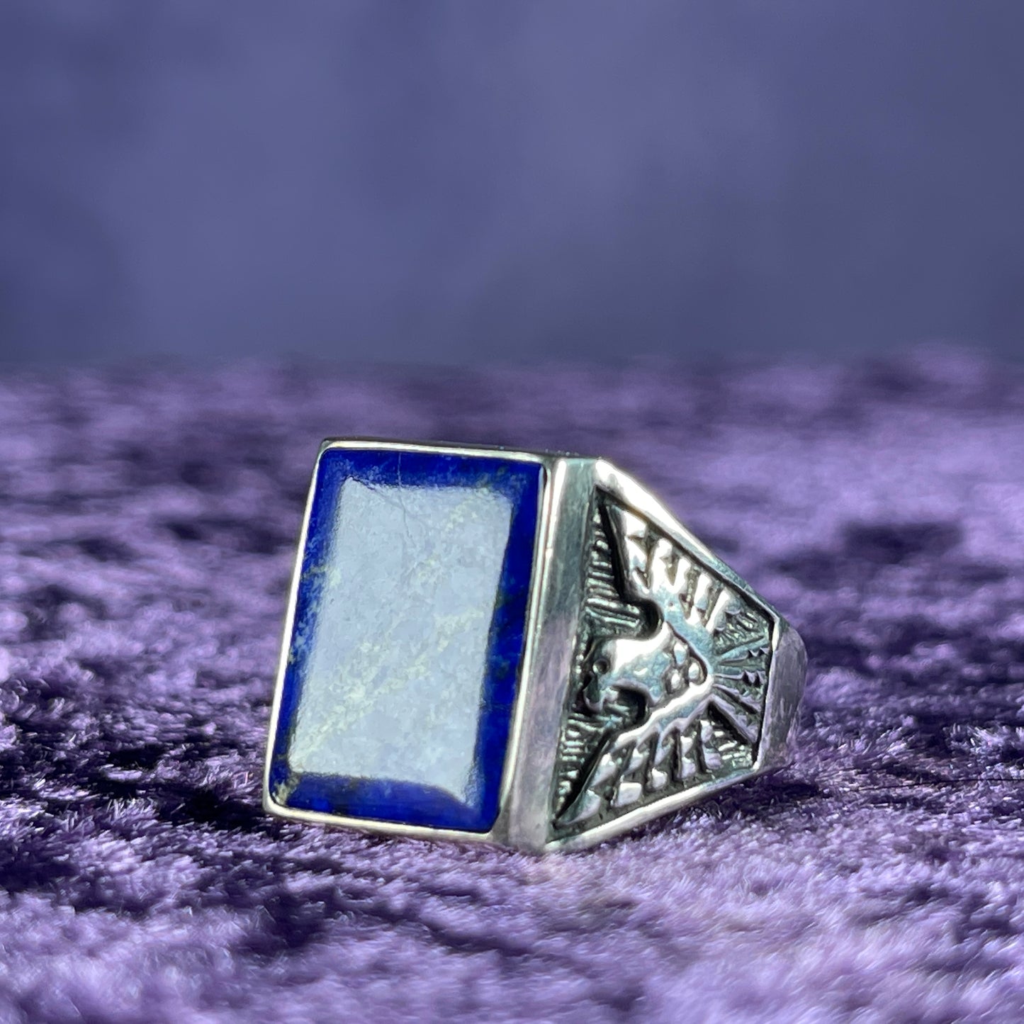 Native American Contemporary Navajo Lapis Lazuli Thunderbird 925 Silver Ring Size W.25 / 11.25