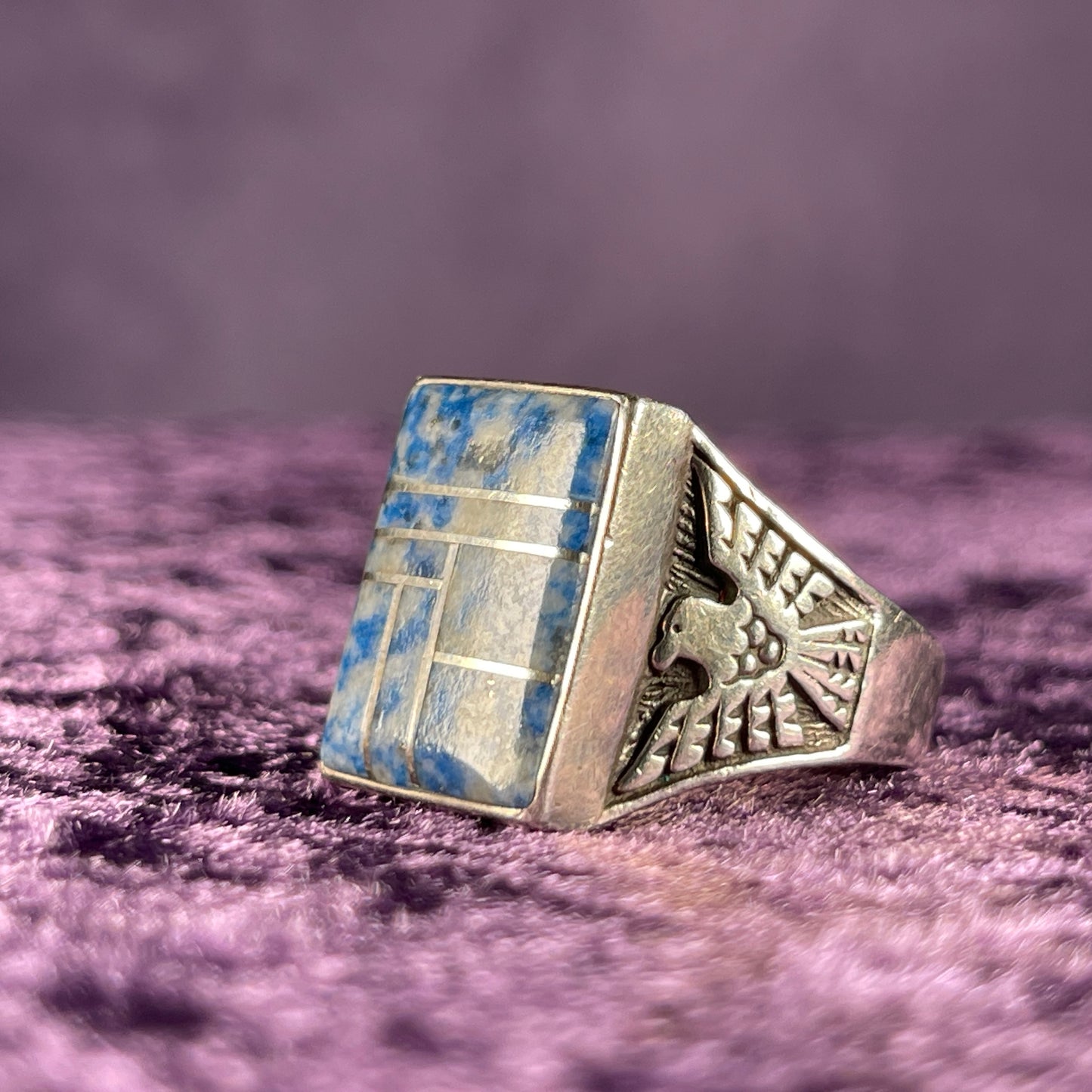 Native American Contemporary Navajo Cloudy Lapis Thunderbird 925 Silver Ring Size Z / 12.5 
