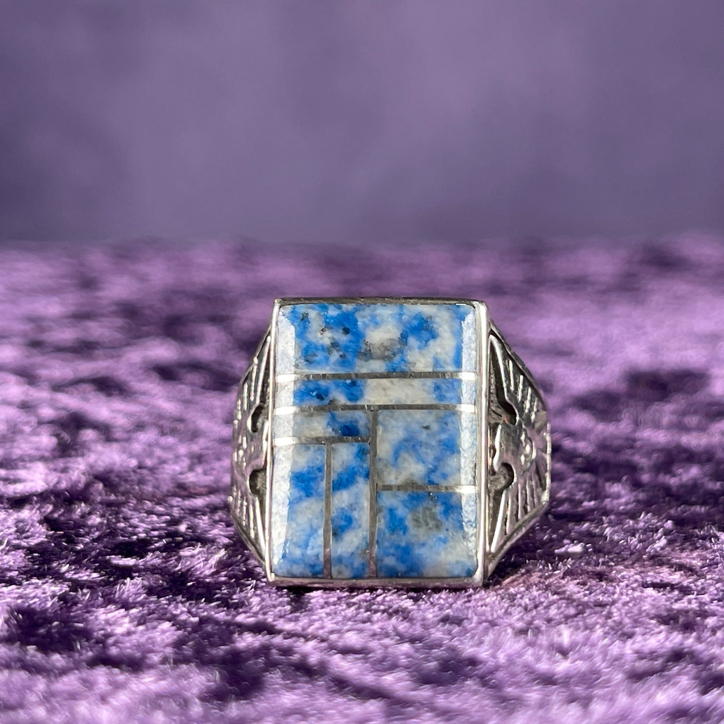 Native American Contemporary Navajo Cloudy Lapis Thunderbird 925 Silver Ring Size Z / 12.5 