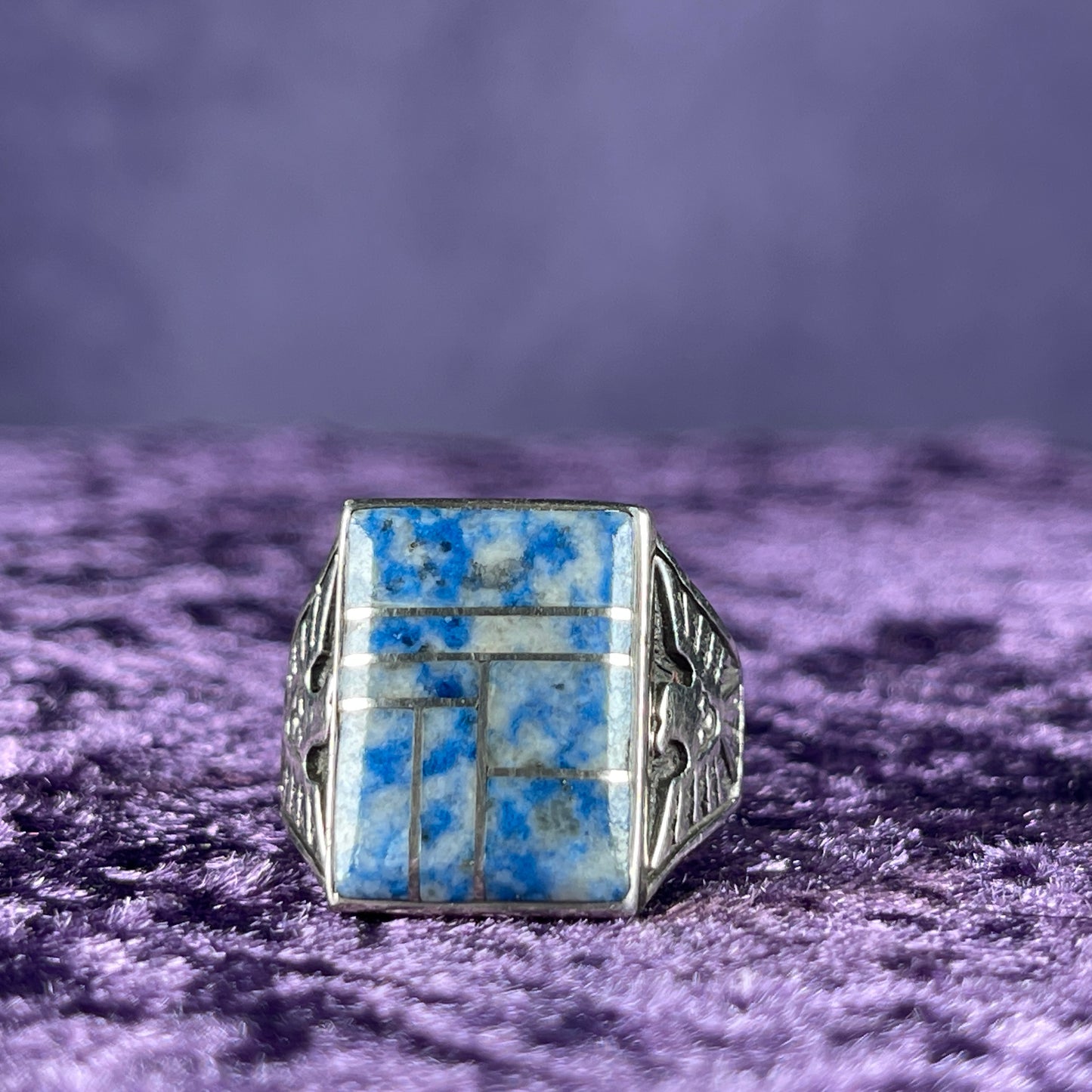 Native American Contemporary Navajo Cloudy Lapis Thunderbird 925 Silver Ring Size Z / 12.5 