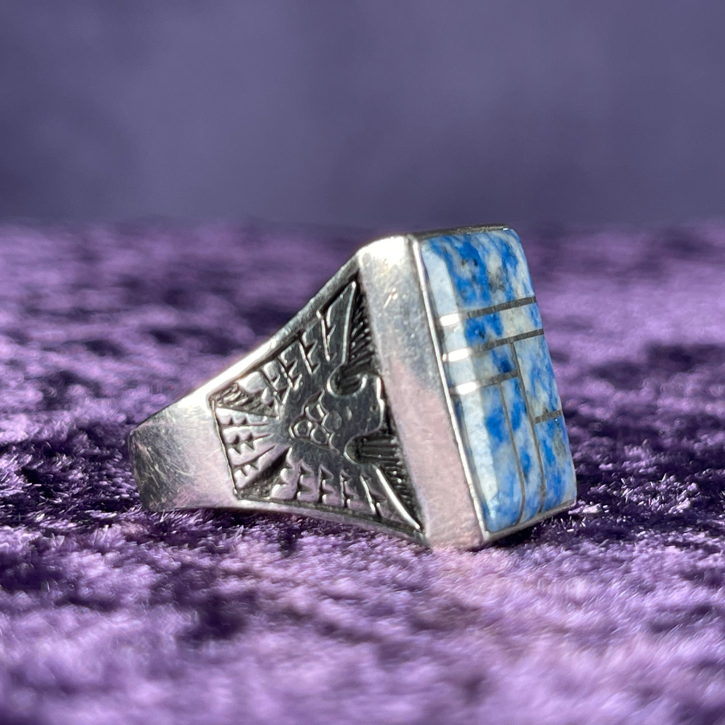 Native American Contemporary Navajo Cloudy Lapis Thunderbird 925 Silver Ring Size Z / 12.5 