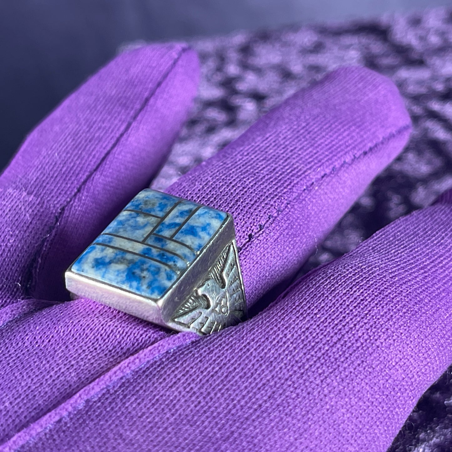 Native American Contemporary Navajo Cloudy Lapis Thunderbird 925 Silver Ring Size Z / 12.5 