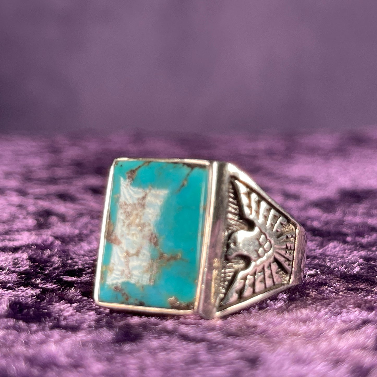 Native American Contemporary Turquoise Thunderbird Navajo 925 Silver Ring Size Z + 1 / 13