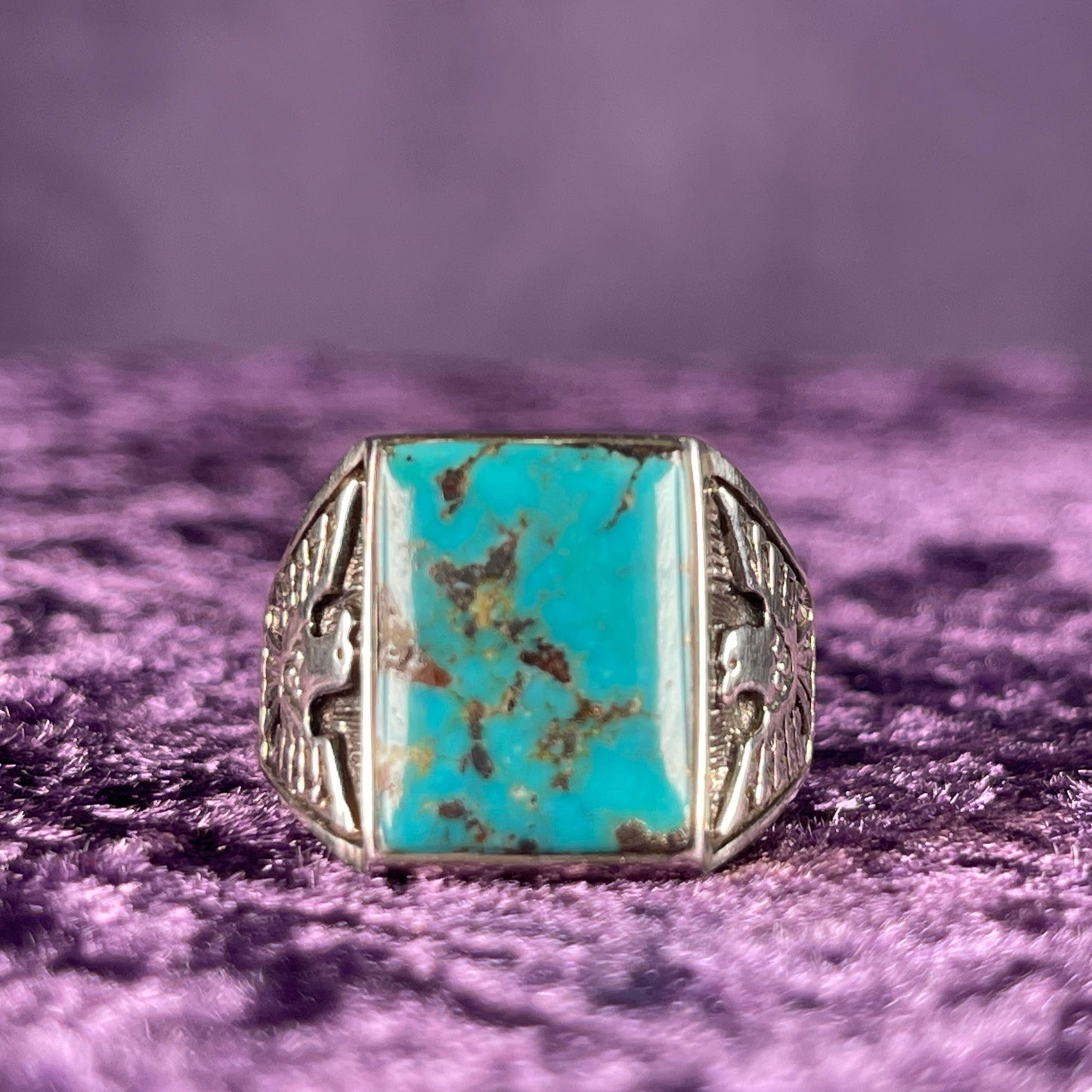 Native American Contemporary Turquoise Thunderbird Navajo 925 Silver Ring Size Z + 1 / 13