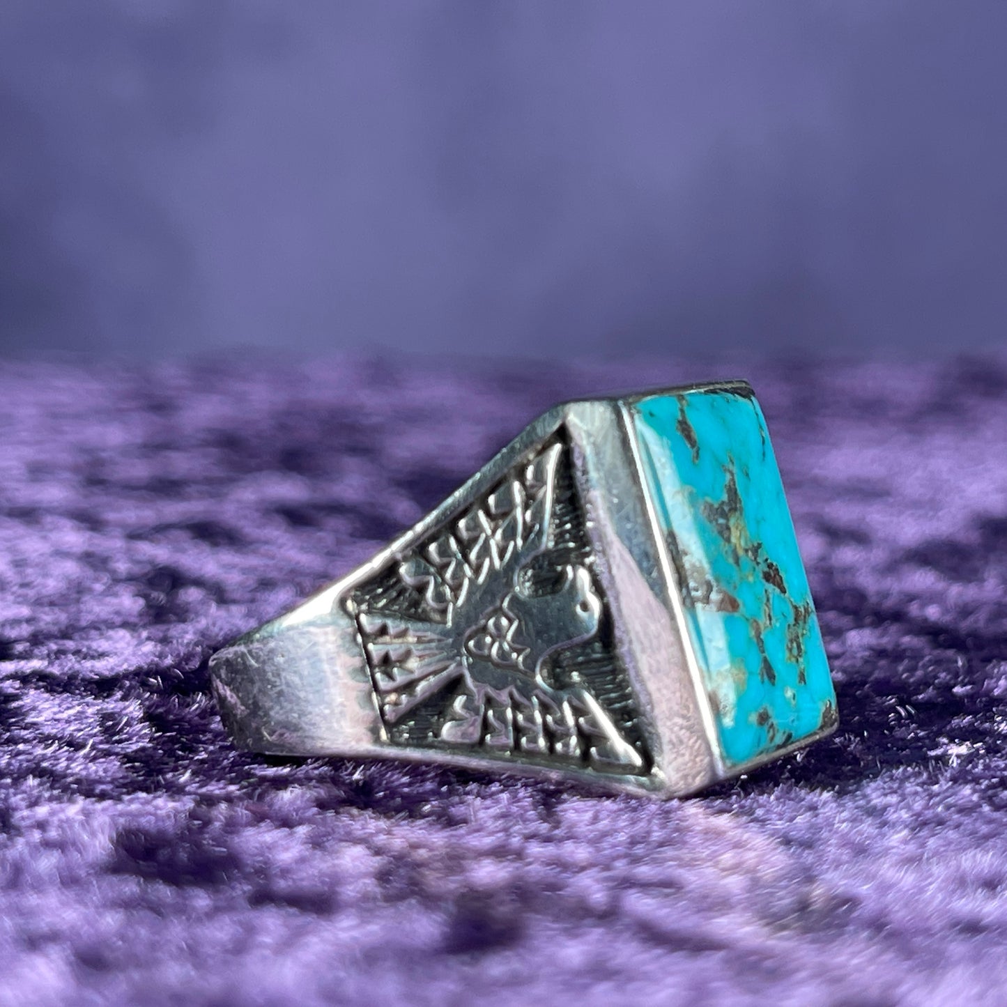 Native American Contemporary Turquoise Thunderbird Navajo 925 Silver Ring Size Z + 1 / 13