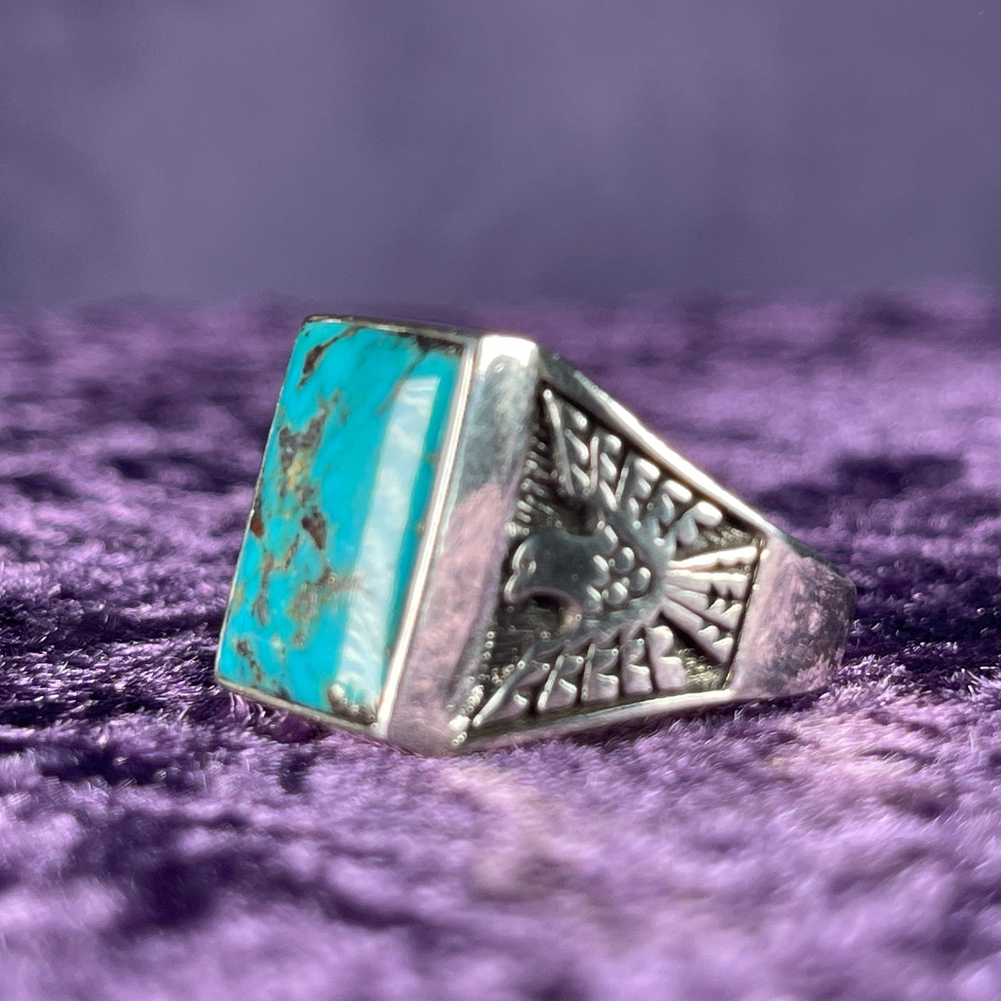 Native American Contemporary Turquoise Thunderbird Navajo 925 Silver Ring Size Z + 1 / 13