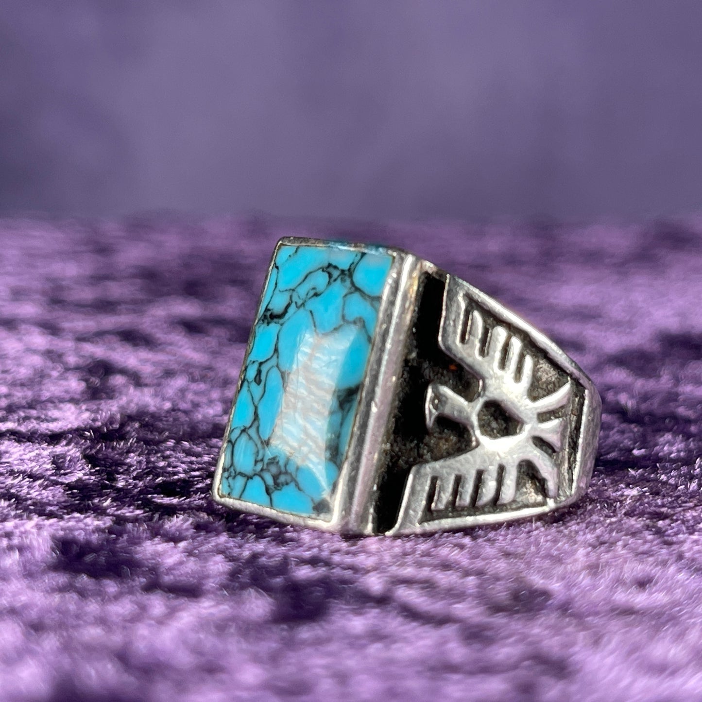 Vintage Native American Spiderweb Turquoise Thunderbird Kachina Navajo 925 Silver Ring Size Z / 12.5 