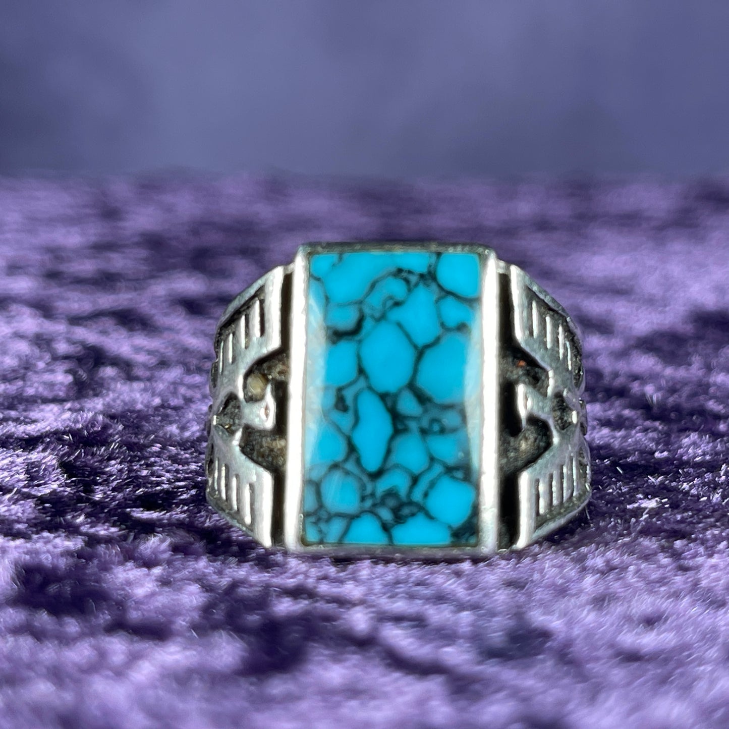 Vintage Native American Spiderweb Turquoise Thunderbird Kachina Navajo 925 Silver Ring Size Z / 12.5 