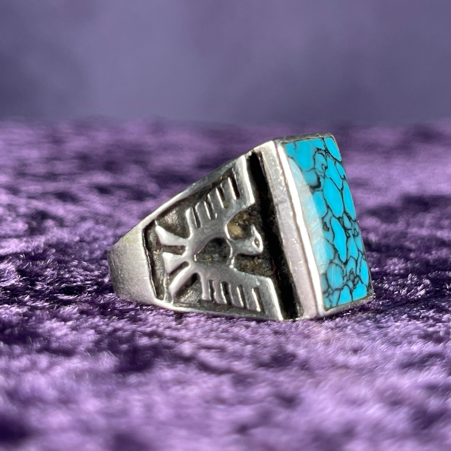 Vintage Native American Spiderweb Turquoise Thunderbird Kachina Navajo 925 Silver Ring Size Z / 12.5 