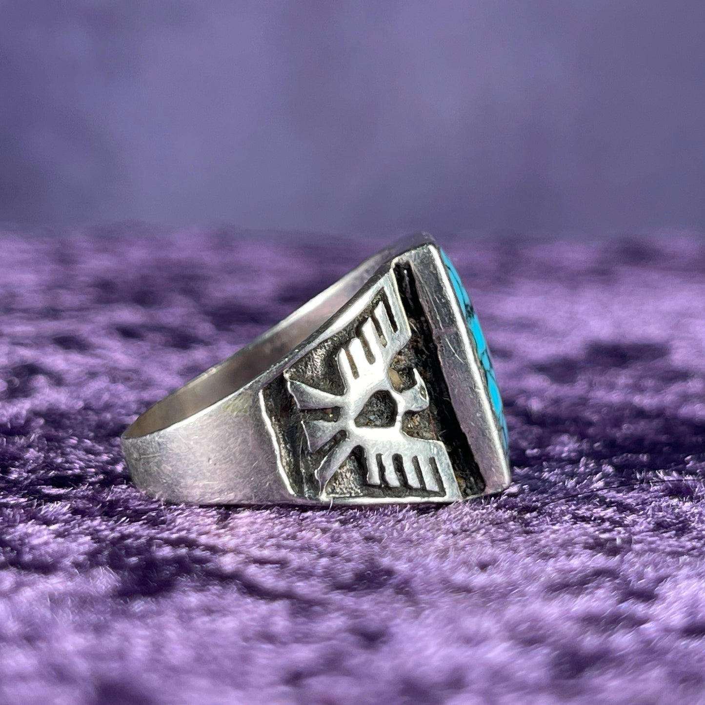 Vintage Native American Spiderweb Turquoise Thunderbird Kachina Navajo 925 Silver Ring Size Z / 12.5 