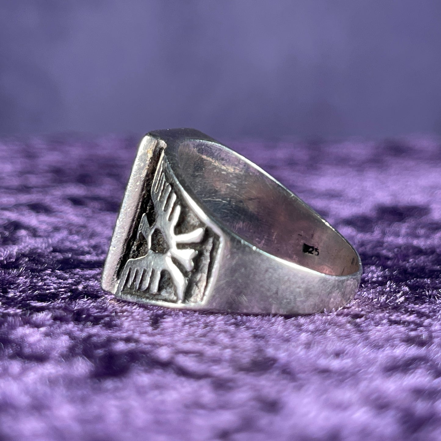 Vintage Native American Spiderweb Turquoise Thunderbird Kachina Navajo 925 Silver Ring Size Z / 12.5 