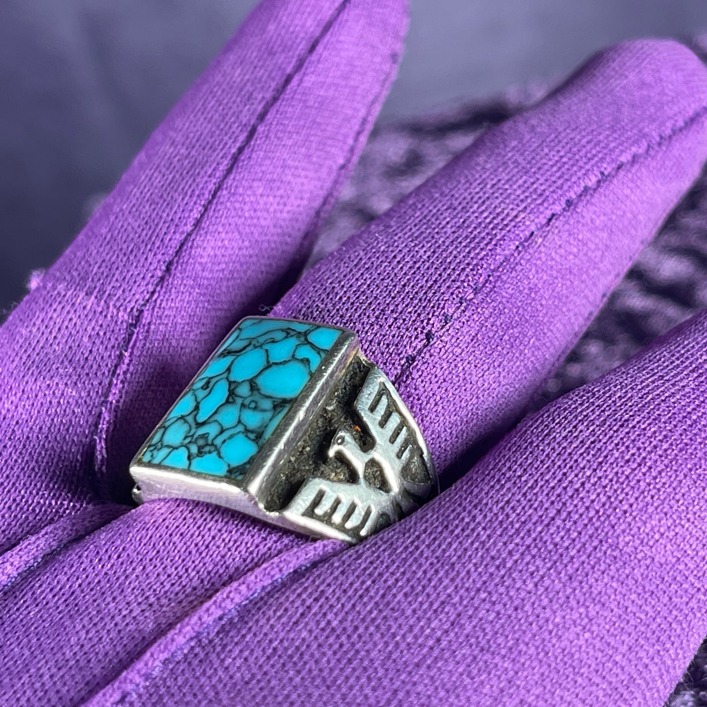 Vintage Native American Spiderweb Turquoise Thunderbird Kachina Navajo 925 Silver Ring Size Z / 12.5 