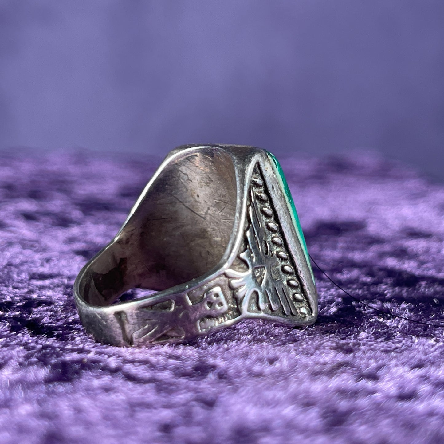 Vintage Native American Malachite Thunderbird & Kachina Navajo 925 Silver Ring Size 9.5 / T 