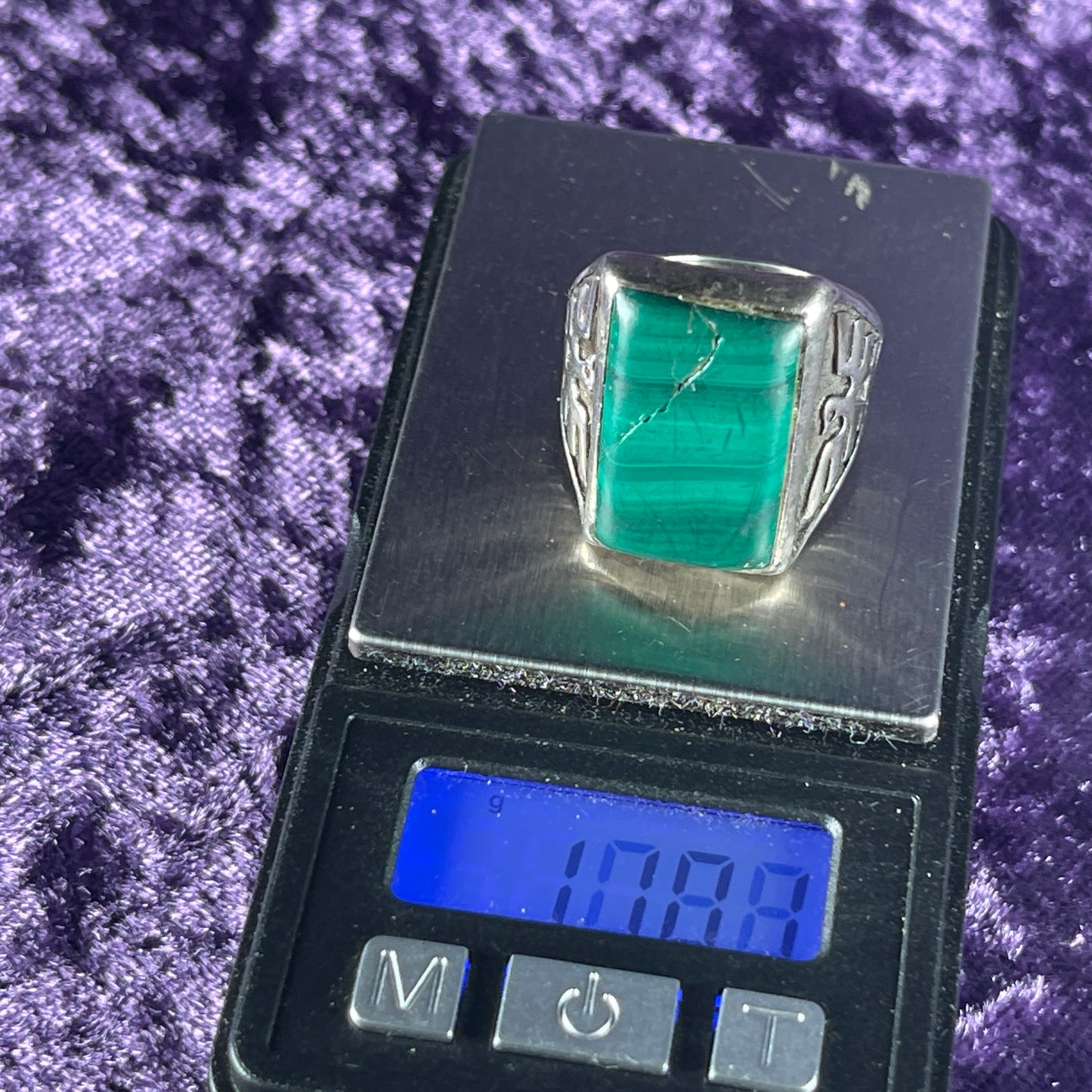 Vintage Native American Malachite Thunderbird & Kachina Navajo 925 Silver Ring Size 9.5 / T 