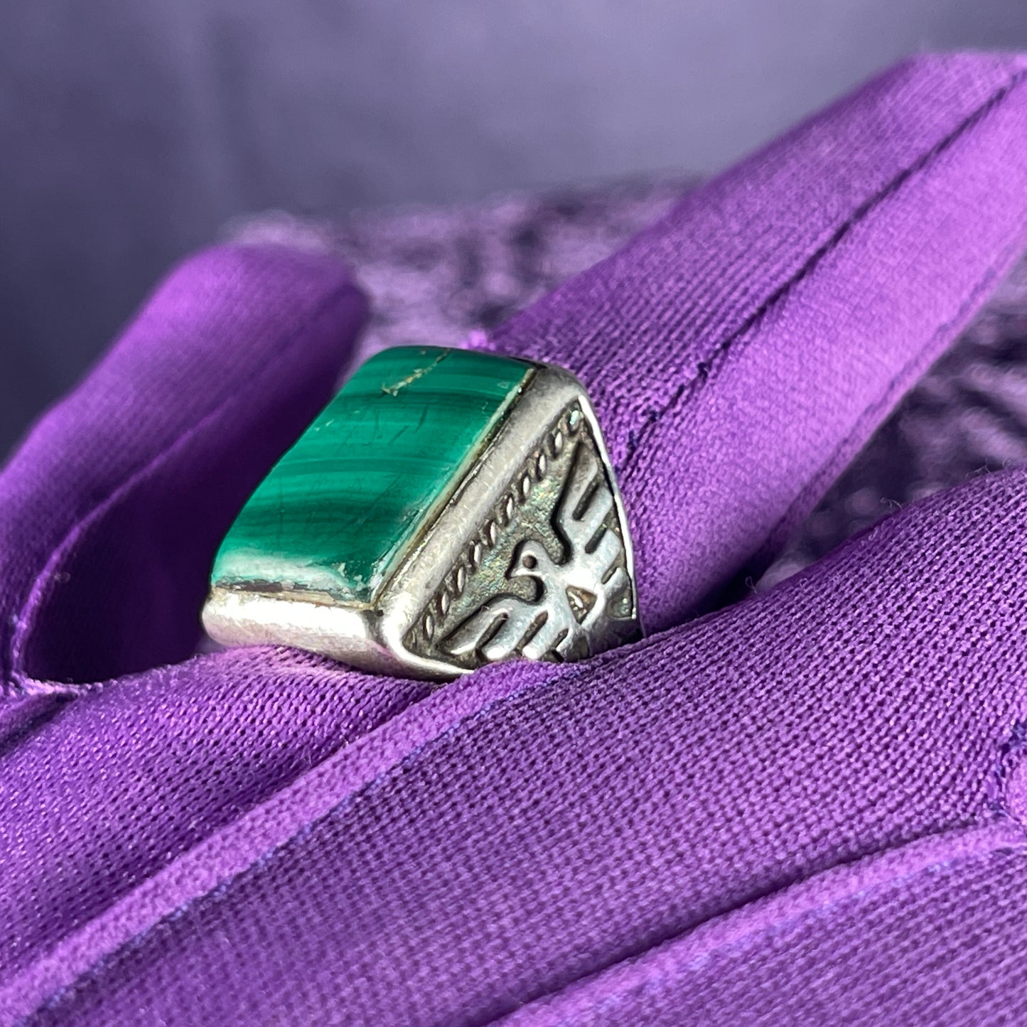 Vintage Native American Malachite Thunderbird & Kachina Navajo 925 Silver Ring Size 9.5 / T 