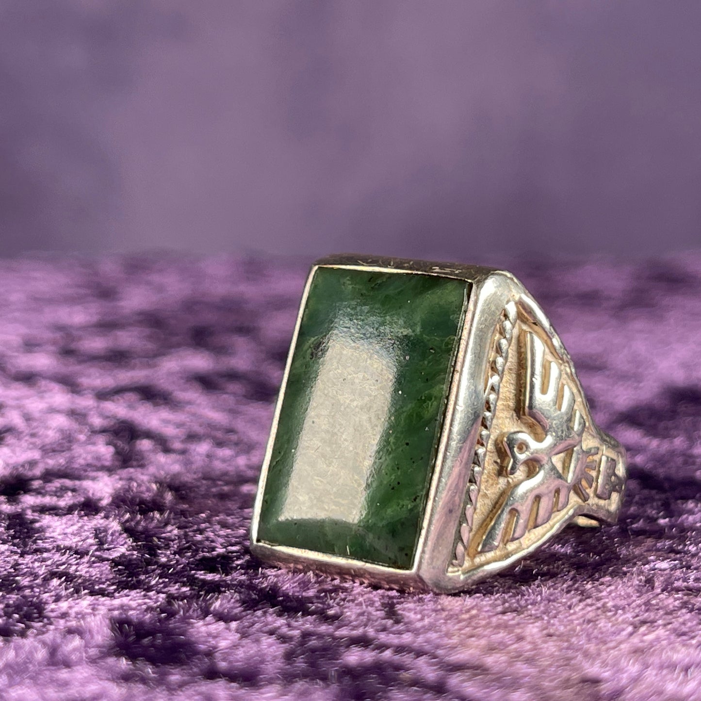 Vintage Native American Malachite Thunderbird & Kachina Navajo 925 Silver Ring Size Y / 12 