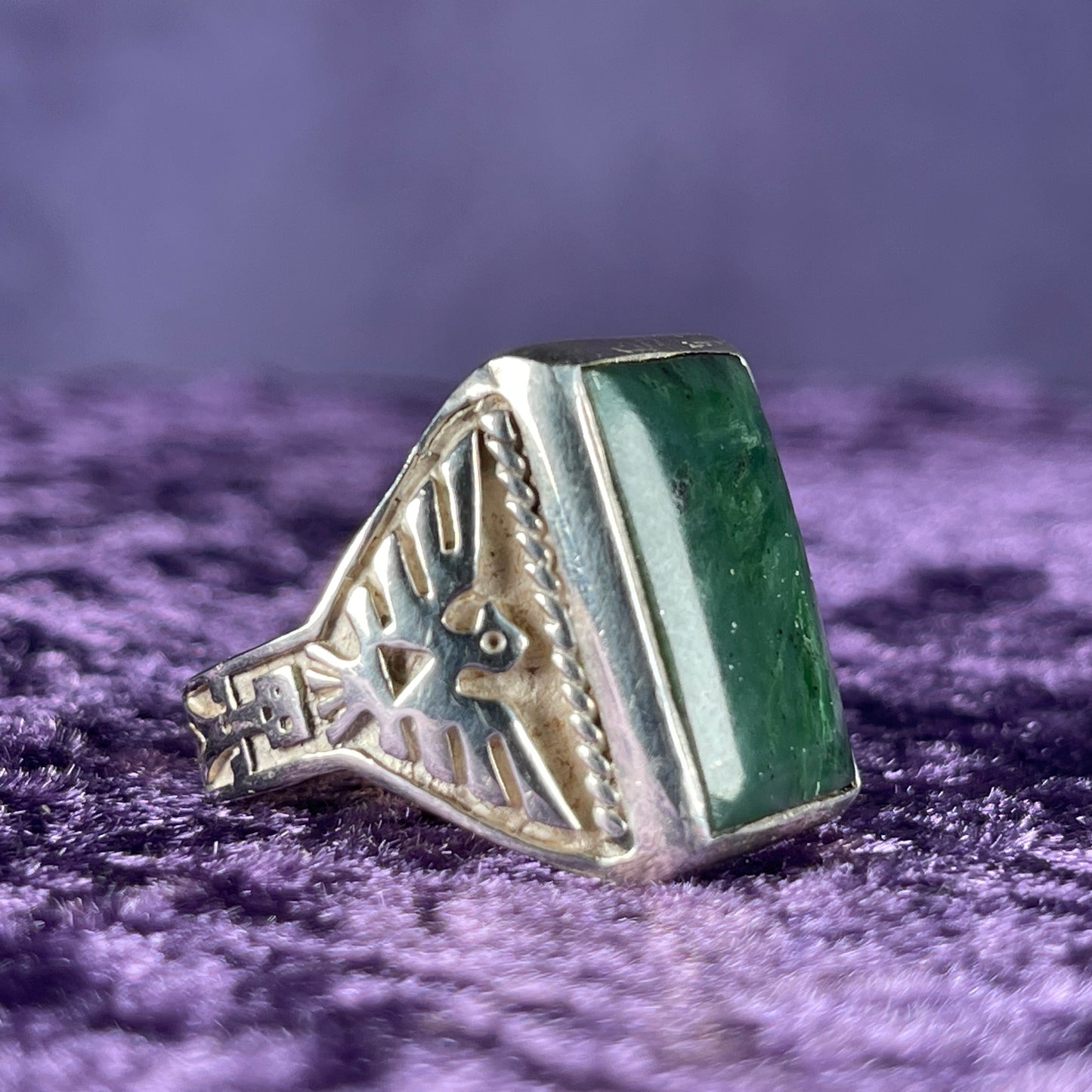 Vintage Native American Malachite Thunderbird & Kachina Navajo 925 Silver Ring Size Y / 12 
