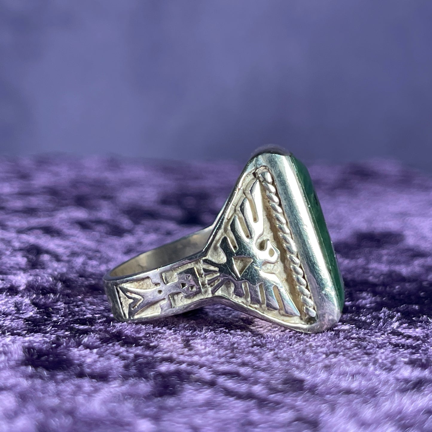 Vintage Native American Malachite Thunderbird & Kachina Navajo 925 Silver Ring Size Y / 12 