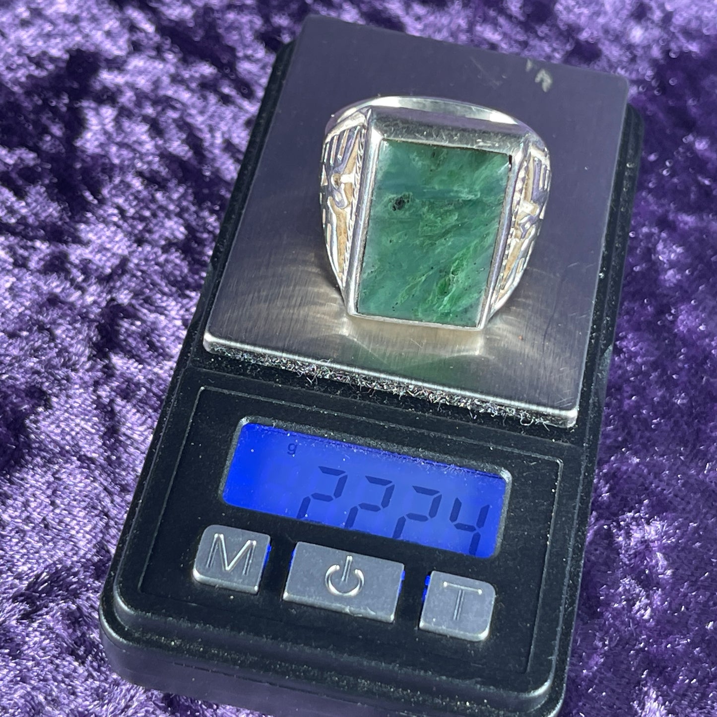 Vintage Native American Malachite Thunderbird & Kachina Navajo 925 Silver Ring Size Y / 12 