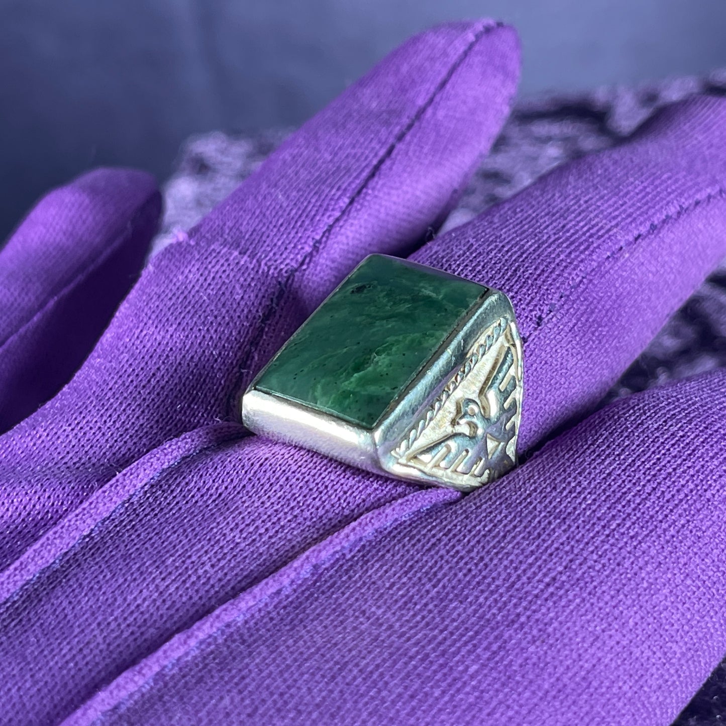 Vintage Native American Malachite Thunderbird & Kachina Navajo 925 Silver Ring Size Y / 12 