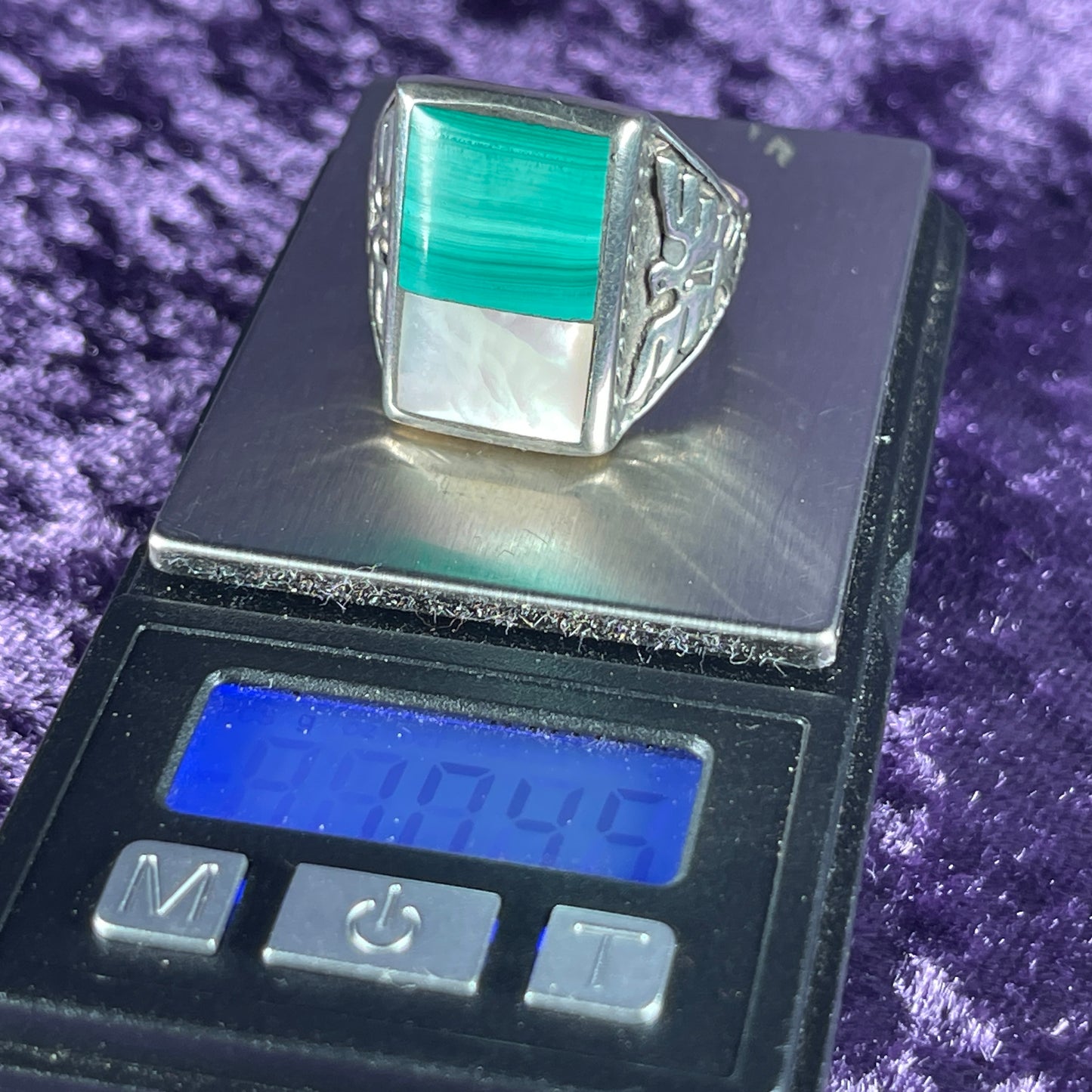 Vintage Native American Mother of Pearl & Malachite Thunderbird & Kachina Navajo 925 Silver Ring Size W.5 / 11.25
